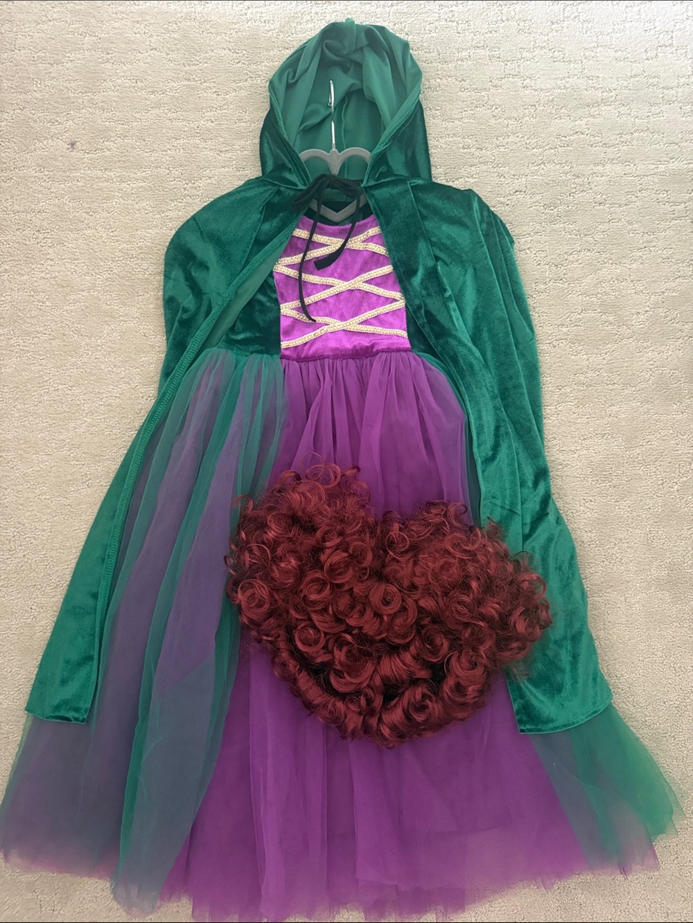 Kids Hocus Pocus Green and Purple Hooded Costume Dress with wig and cape!